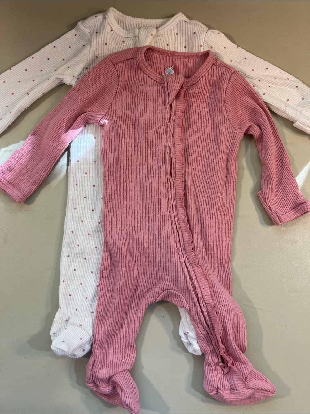 cloud island Pink Ribbed Footie with White Polka Dot Layered One-Piece